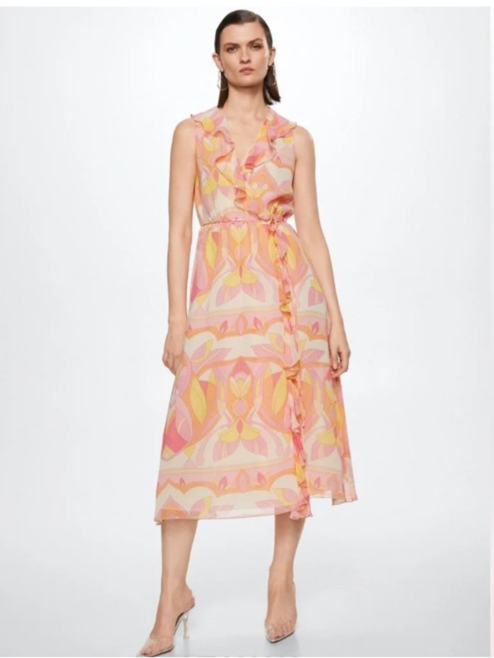 Mango Pink/Yellow  Ethnic Print Ruffled Wrap Midi Dress Wedding Guest Event 6/M